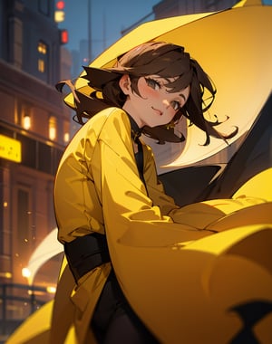 Masterpiece, top quality, high definition, artistic composition, cartoon, 1 woman, bad wife, yellow clothes, night town, downtown, blurred background, smiling, looking up, looking away, dramatic