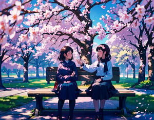  Masterpiece, top quality, high quality, artistic composition, two women, sitting side by side on bench, laughing, angry, having conversation, spring coordination, cherry blossom trees, cherry blossoms in full bloom, petals dancing, wide shot,<lora:659111690174031528:1.0>