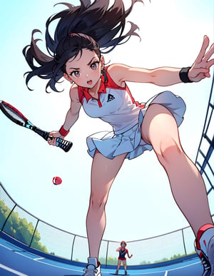 (Masterpiece, Top Quality), High Definition, Artistic Composition, 1 Woman, Tennis Wear, Tennis Court, Long Limbs, Stylish, Action Pose, From Below, Bold Composition, Dynamic, Perspective, Dramatic, Playing Tennis