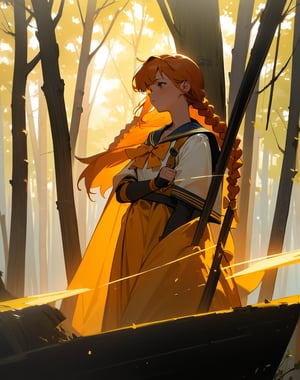 (masterpiece, top quality), high definition, artistic composition, 1 woman, yellow sailor-like battle dress, warrior, holding large stylish bow, woods, striking light, sunlight filtering through trees, high contrast, bold composition, orange hair, long braids, fantasy, stalking prey, ruins