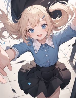 (masterpiece, top quality), high definition, artistic composition, 1 girl, hands folded behind her back, bending forward, looking up, composition from above, squinting, open mouth smile, spinning around, looking at me, focus on face, blue shirt, big hairpin, little girl, road, portrait, Dutch angle, nasty smile , black skirt, childish.