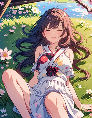  Masterpiece, best quality, high quality, artistic composition, one woman, animation, overhead shot, sleeping with eyes closed, resting, leaning back, mature, 18 years old, smile, casual fashion, Japan, high definition, cherry blossom frame, portrait, wide shot, grass, petals dancing, warm sunlight, dutch angle, blur, perspective
,<lora:659111690174031528:1.0>