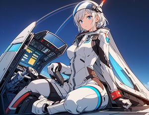 masterpiece, top quality, 1 girl, white pilot suit, helmet in hand, sitting in cockpit, otherworldly airbase, runway, algorithm design fighter, silver fighter, high definition, composition from below, wide shot, dark rainbow sky colors, science fiction, fantastic