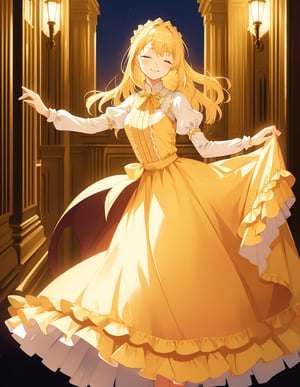 (masterpiece, top quality), high definition, artistic composition, 1 woman, dress with crinoline, tied blond hair, smiling with eyes closed, looking away, dancing gracefully, in palace, night, bold composition