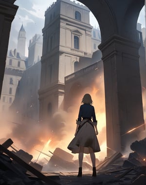 Masterpiece, Top quality, High definition, Artistic composition,1 girl, city girl, standing, stunned, looking away, dirty clothes, Parisians storm the Bastille jail, 1789, Bastille jail is destroyed, dramatic, bold composition, dramatic