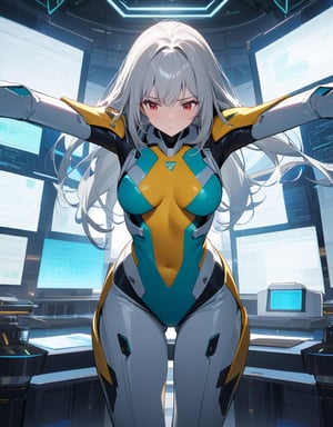 (masterpiece, top quality), high definition, artistic composition, 1 girl, greenish silver hair, red eyes, suspicious face, looking away, twisting body looking down, arms extended upward, blue and yellow swimsuit-like battle suit, android-like armor, revealing skin, inside lab with white walls, Holographic, futuristic, several researchers, cartoon, looking at own body