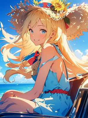 Masterpiece, top quality,khange, 1 girl, squinting and smiling, blonde hair, bright blue dress, straw hat, convertible top car, sitting in passenger seat, hand holding hat, hair blowing in wind, high definition, wide shot, portrait, graceful, from side,masterpiece