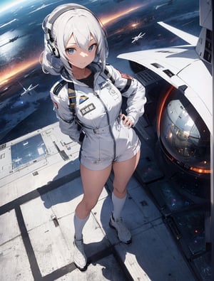 masterpiece, top quality, 1 girl, white pilot suit, headset, standing with legs spread, hands on hips, smirking, otherworldly air force base, runway, futuristic fighter jet behind, silver fighter jet, high definition, composition from above, from front, colorful sky, science fiction, fantastic, fish-eye lens