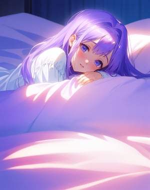 Masterpiece, Top Quality, High Definition, Artistic Composition,1 girl, light purple hair, long hair - thin eyes open, sleepy, morning sun, bed, wrapped in white sheets, elegant, beautiful morning, from above, lying in bed, pleasant, pastel colors, large sheets
,girl