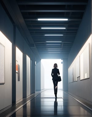 (masterpiece, top quality), high definition, artistic composition, 1 woman, business suit, back view, walking, clean Japanese underground walkway, white tile, perspective, silence, guide light, information board, advertising sign, bright, flat wall