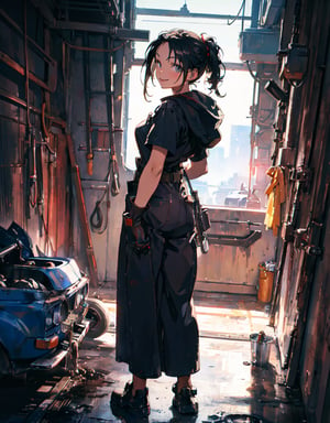 (masterpiece, top quality), high definition, artistic composition, 1 woman, dirty work clothes, gloves, holding wrench, working on car, mechanic, smiling, hood of car open, back, looking back at me, wiping forehead with back of hand, auto body shop