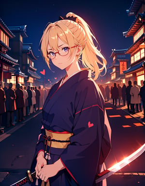 (Masterpiece, Top Quality), High Definition, Artistic Composition, 1 Girl, Animation, Blonde Hair, Inverted Ponytail, Samurai, Indigo Dyed Kimono, Japanese Sword, Serious Face, Glasses, Make a Heart with Own Hands, Crowded, Night City, Impressive Light, High Contrast