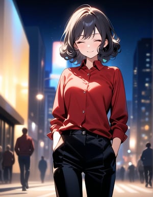 (masterpiece, top quality), high definition, artistic composition, 1 woman, hands in pockets, eyes closed, smiling, looking away, downtown at night, blurred background, red collared shirt, black easy pants, walking, lively, talking, striking light, dramatic, diagonal composition, outside Curly one curl, Stylish