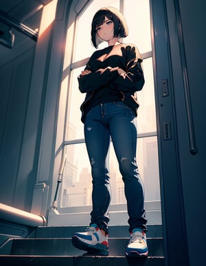 (masterpiece, highest quality), high definition, artistic composition, 1 woman, standing, expressionless, arms crossed, looking down, backlit, looking down, from below, trainers, jeans, bob cut, dramatic