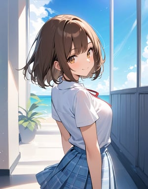 (masterpiece, top quality), high definition, artistic composition, 1 girl, cutter shirt, ribbon, bob cut, brown hair, uniform, school uniform, summer dress, checked skirt, smiling, standing tall, cowboy shot, portrait, souvenir shot, girlish pose, from behind, hands behind back, Looking back.