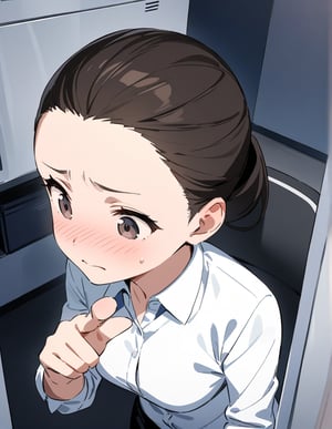 (masterpiece, top quality), high definition, artistic composition, one female, pointing, embarrassed, troubled, collared shirt, business suit, from above, nose blush, looking away, broad forehead, hair pulled back, fingers up, office, cute, comedy, animation, reaching