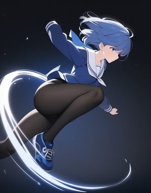 (masterpiece, top quality), high definition, artistic composition, 1 girl, spinning kick, action pose, twisting body, brave, hair dancing in wind, sailor uniform, school uniform, big catsuit, lively, dark background, blurred background, black pantyhose, blue sneakers, kick