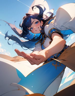 Masterpiece, Top quality, High definition, Artistic composition, One girl, Big smile, V-sign with right hand, Close-up of fingers, Powerful, Confident, Bold composition, From front, Chuckling, Reaching out, From below, Blue sky,girl