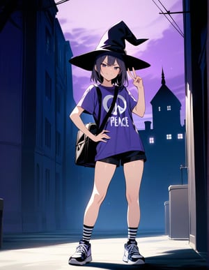 Masterpiece, Top Quality, High Definition, Artistic Composition,1 girl, wizard hat, smug face, printed shirt, standing tall, shorts, striped two-socks, sneakers, standing with legs spread, right hand on hip, left hand making peace sign, Schoolbag, meeting, purple sky, eerie background