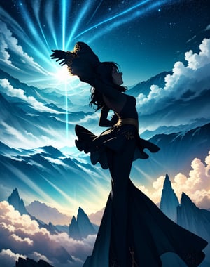  Masterpiece, Top Quality, High Definition, Artistic Composition, 1 woman, wizard, back view, side view, magic reaching out, magic wand in hand, wind dancing, fantasy, vast nature, continents floating in sky, dancing light, striking light,<lora:659111690174031528:1.0>