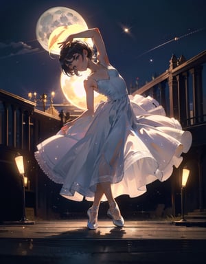 masterpiece, top quality, high definition, artistic composition, animation, France, one woman, dancing ballet, outdoor stage, big moon, spotlight, action pose, dynamic composition, striking light