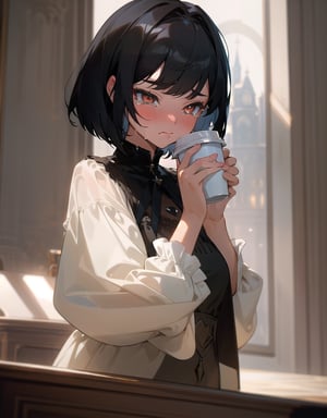 (masterpiece, top quality), high definition, artistic composition, 1 girl, black hair, pouting, tears, blushing, looking away, looking down, hands on table, holding coffee cup, top From, Dutch angle, bob cut