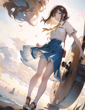 (masterpiece, top quality), high definition, artistic composition, 1 woman, khaki shorts, vermillion sneakers, white socks, beige cotton shirt, floating in air, from below, sepia background, large pocket watch in background, bold composition, Dutch angle, fantasy, chestnut hair, wavy short wavy hair, vigor, skydiving, absurd, bending at the waist and lifting her leg, Alice in Wonderland, upturned