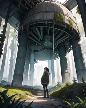 masterpiece, top quality, high definition, artistic composition, animation, deep mossy forest, 1 woman, researcher, investigating, in forest, open-mouthed, surprised, Chernobyl, ruins of nuclear power plant visible beyond forest, striking light, perspective, looking away