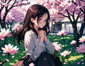  Masterpiece, top quality, high quality, artistic composition, one woman, childish, large dark rimmed glasses, plain dark hair, embarrassed, looking away, cute gesture, blush, side view composition, plain clothes, cherry blossom trees, in full bloom, petals dancing, warm light, dramatic, POW, date, crowded, flirty eyes, smirking, anime, face down,<lora:659111690174031528:1.0>