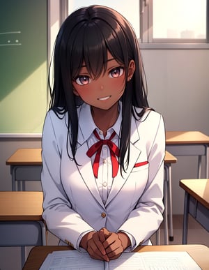 (masterpiece, top quality), high definition, artistic composition, 1 girl, classroom, seated, elbows on desk, smiling shyly, black hair, long hair - dark eyes, dark skin, portrait, white blazer, school uniform, red ribbon, from front, exotic, head tilted