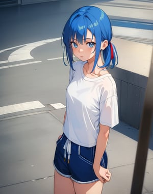 (masterpiece, top quality), high definition, artistic composition, 1 girl, white t-shirt, blue hair, medium hair, troubled, poised, from above, station, turnstiles, 12 years old, shorts, portrait