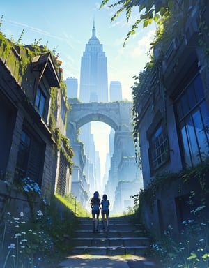 (masterpiece, top quality), high definition, artistic composition, 2 girls, walking, strolling, t-shirt, shorts, trekking shoes, backpack, smiling, looking away, talking, smiling, ruins, building area, crumbling and decaying structure, lots of plants, ivy covered, Blue sky, bold composition, looking back, summer, New York