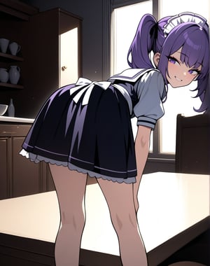 (masterpiece, top quality), high definition, artistic composition, 1 girl, maid outfit like sailor suit, twin tails, hand on waist, dining room, bent over, squinting and smiling, purple hair, choker, backlight, cupboard