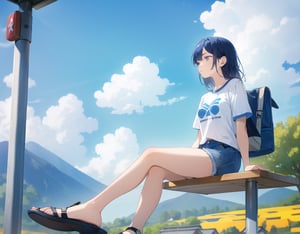 Masterpiece, Top Quality, High Definition, Artistic Composition,1 girl, sitting, looking away, printed T-shirt, denim mini skirt, sandals, Japanese countryside, bus stop, blue sky, incoming clouds, summer, wide shot,breakdomain