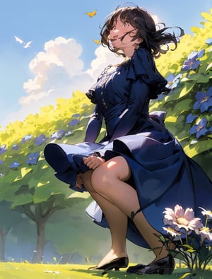 Masterpiece, best quality, 1 girl, smiling with mouth open, squatting, sitting on ground, looking up at sky, reaching up, dark blue dress, flower garden, flowers blooming, bird perched on shoulder, high definition, impressive light, composition from below, portrait, wide shot, backlight