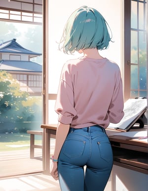 Masterpiece, Top Quality, High Definition, Artistic Composition,1 girl, short hair, drawing manga at study desk, back view, Japanese house, jeans, trainers, watercolor style, pastel tones, from behind, looking away
