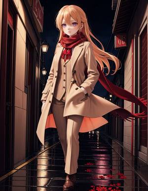 (masterpiece, top quality), high definition, artistic composition, 1 woman, beige three-quarter coat, purple vest, red floral scarf, long blonde hair, flowing eyes, red rouge, walking with hands in pockets, from front, night city, drop earrings, wet road