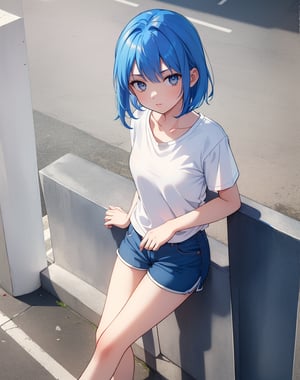 (masterpiece, top quality), high definition, artistic composition, 1 girl, white t-shirt, blue hair, medium hair, troubled, poised, from above, station, turnstiles, 12 years old, shorts, portrait, red accent color