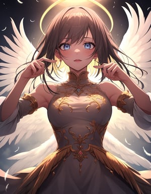 (masterpiece, top quality), high definition, artistic composition, 1 woman, angel, looking down, pointing at me, close-up of fingers, beautiful light, halo, rainbow, beautiful angel feathers, calm eyes, dancing bird feathers, dramatic, striking light, scary face
