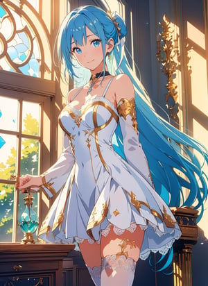 Masterpiece, Top Quality, 1 girl, gentle smile, body lit, white and blue dress, short skirt, white stockings, anime style fantasy, black and gold choker, red ribbon, light green hair, long hair, blue eyes, fair skin, fantasy, palace, large window behind, standing by window standing by window, see-through, green outside, blue sky, high definition, artistic angle, backlit, sexy, hair tied up, holding cane, lace curtains swaying in wind,masterpiece