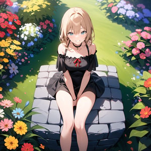 Masterpiece, Top Quality, High Definition, Artistic Composition,1 girl, black dress, red ribbon, choker, smiling, sitting on stone brick, from front, spread legs, hand between legs, from above, English garden, surrounded by colorful flowers