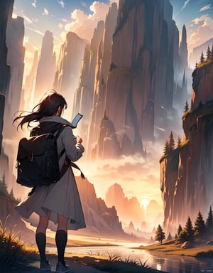 Masterpiece, top quality, high definition, artistic composition, animation, one woman, starting out on a journey, map in hand, majestic nature, beautiful sunrise, morning mist, brave, motivated, bold composition, traveling outfit, back view, long road ahead,breakdomain