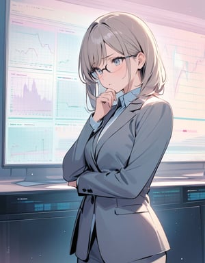 (masterpiece, top quality), high definition, artistic composition, 1 woman, female analyst, business suit, wearing glasses, tilted head, hand on chin, troubled, image of graph of economic indicators in background, pastel tones, standing, front view