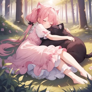  (masterpiece, top quality), high definition, artistic composition, 1 girl, ugly huge cat sleeping, girl sleeping on that cat, little girl, pink dress, twin tails, in the forest, beautiful sunlight, fantasy, animation