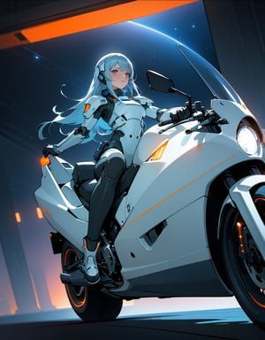 Masterpiece, Top Quality, High Definition, Artistic Composition, One girl, Silver and Nile blue spacesuit, Stylish, Commuter like motorcycle without tires, Floating in space, Science fiction, Orange lights, Futuristic, Bold composition, Impressive light, Android-like armor From below, wide shot, Dutch angle,girl