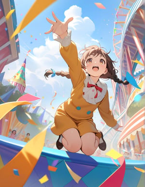 (masterpiece, top quality), high definition, artistic composition, 1 girl, jumping for joy, 5 years old, children's clothing, braids, big ribbon, looking away, looking up to heaven, action pose, ticker tape, brightly colored confetti, theme park, bold composition, parade, lively, dramatic