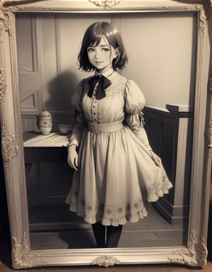 Masterpiece, top quality, high definition, artistic composition, 1 girl, standing, 1920s America, old photo, faded photo, smiling girl, vignette, table top picture frame