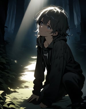 (masterpiece, top quality), high definition, artistic composition, 1 girl, dirty face, sad, tired, looking away, looking up to heaven, hand on shoulder, down on one knee, dirty, shabby clothes, shabby hair, deep in forest, light shining, striking light, spotlight on face, dramatic, high contrast, divine, beautiful nature