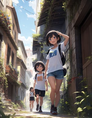 (masterpiece, top quality), high definition, artistic composition, 2 girls, walking, strolling, t-shirt, shorts, trekking shoes, backpack, smiling, looking away, talking, smiling, ruins, building area, crumbling and decaying structure, lots of plants, ivy covered, Blue sky, bold composition, looking back, summer, New York, big gesture, excited, from front