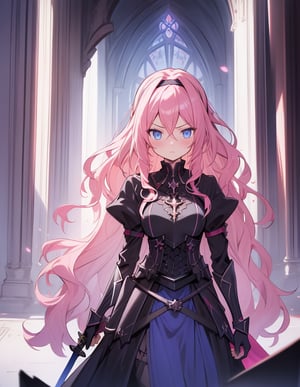 (masterpiece, top quality), high definition, artistic composition, 1 girl, pink wavy hair, hair band, slender jet black armor, blue eyes, from front, standing tall, sword in both hands, chin drawn, glaring, dungeon, darkness, candlelight, perspective, fantasy, mature